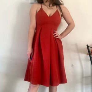 Orange Summer Tank Midi Dress Pleated Skirt